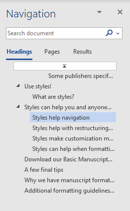 Screenshot of the Navigation menu in a Word document.